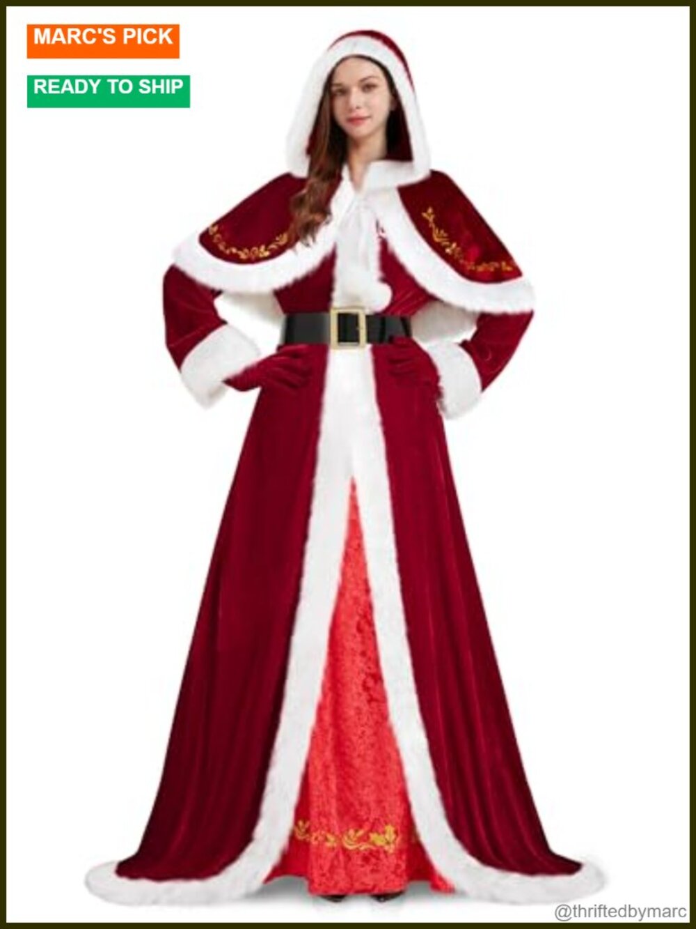 Mrs Claus Costume Set Velvet Santa Dress Hooded Cloak Belt Gloves